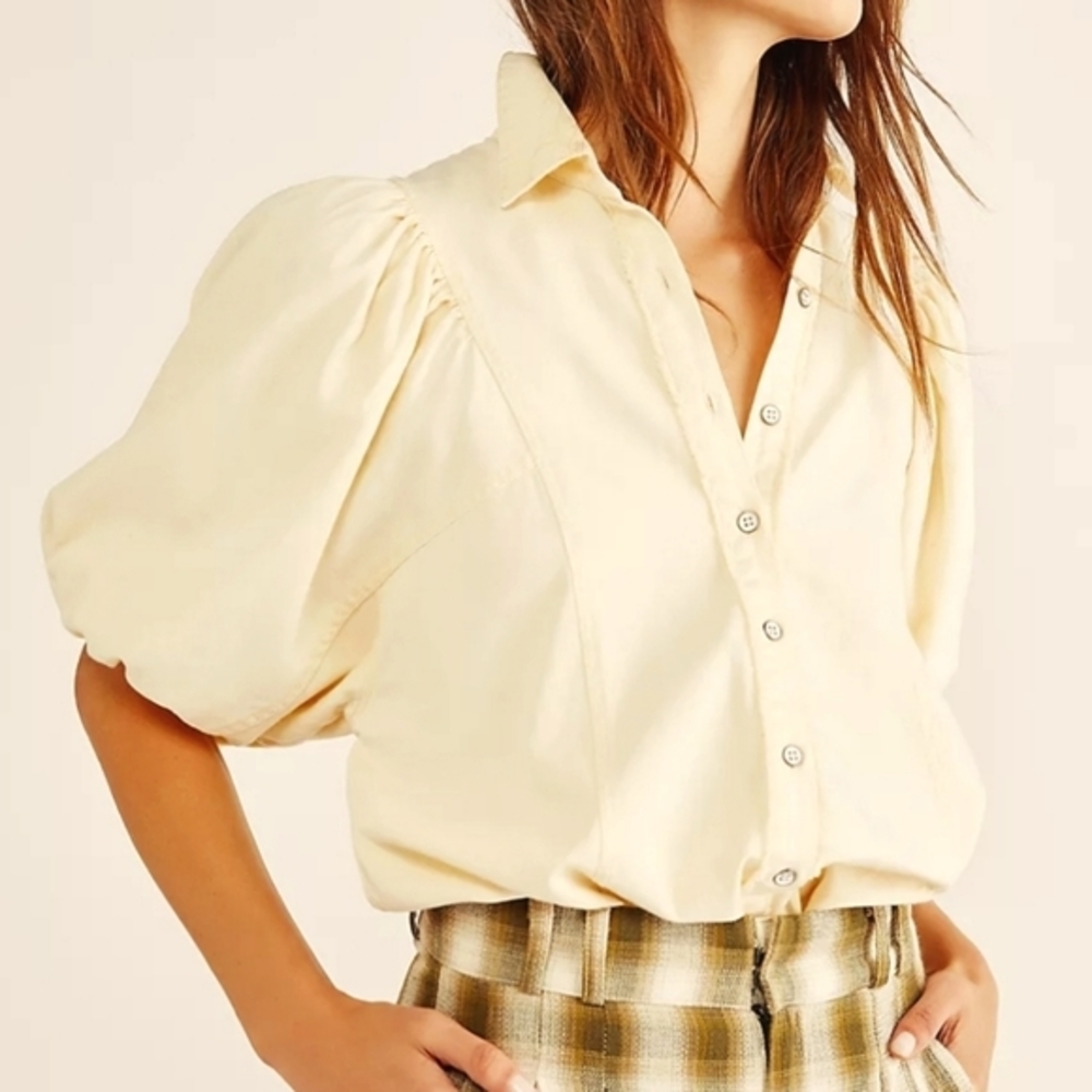 Free People Suhrie Denim Puff Sleeve Top